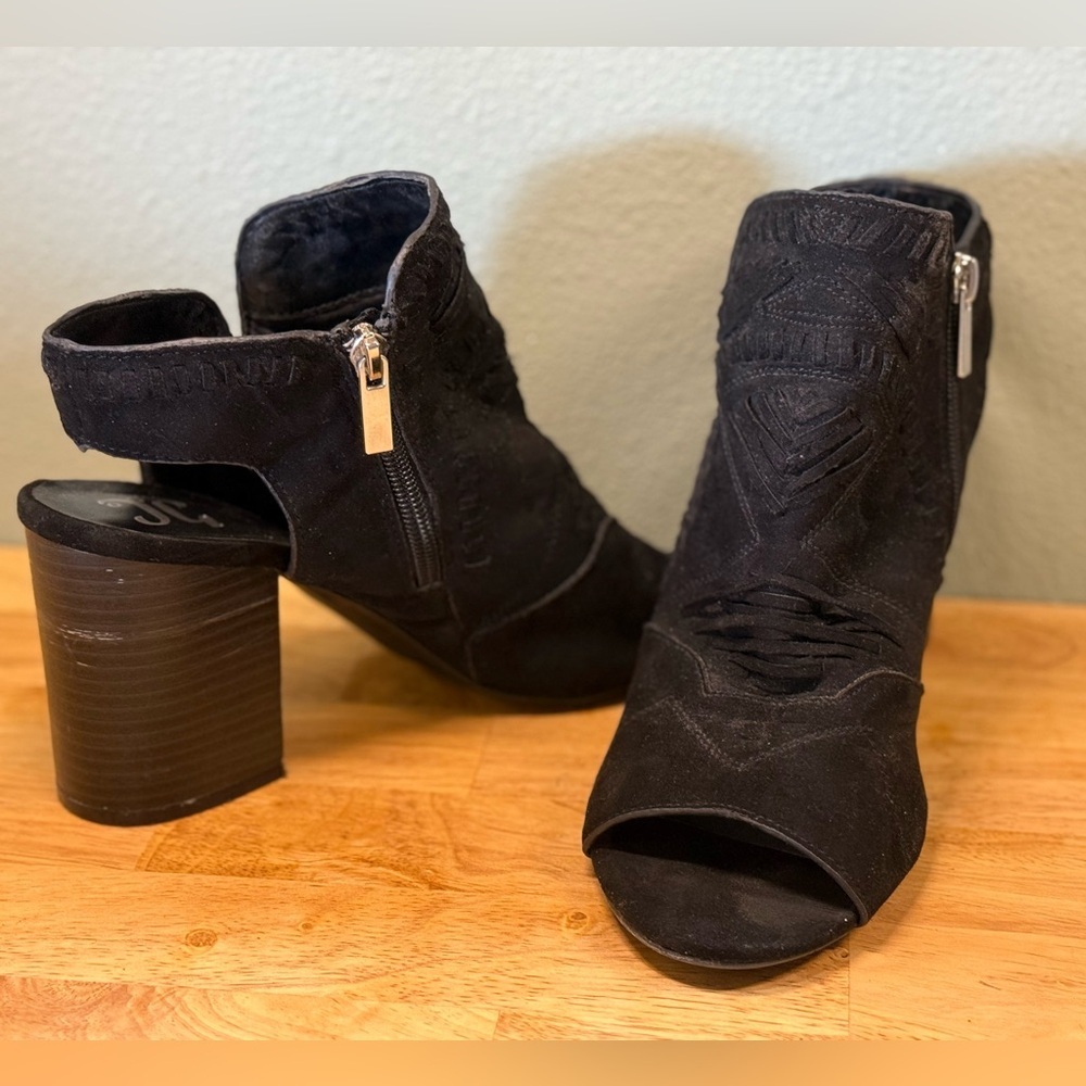 Jeffrey Campbell Black Suede Open Toe Booties Laser Cut Block Heel Ankle Boots